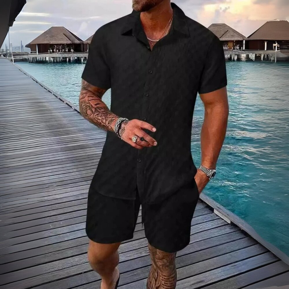 Men's Black Collared Neck Short Sleeve Top & Shorts Resort Outfit
